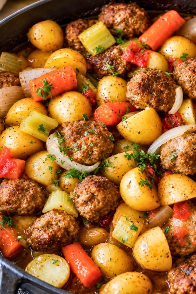 Old-Fashioned Meatball Casserole with Potatoes and Carrots