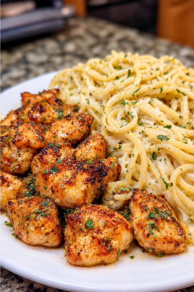 Healthy Garlic Chicken Spaghetti with Light Creamy Alfredo Sauce