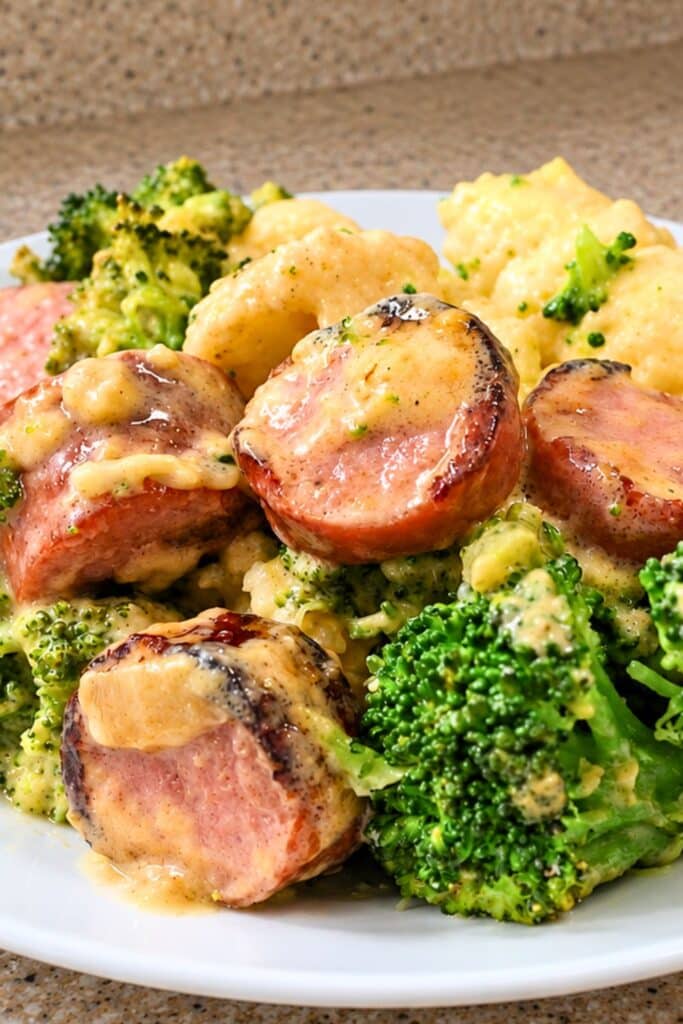 Keto Broccoli and Cauliflower Au Gratin With Sausage
