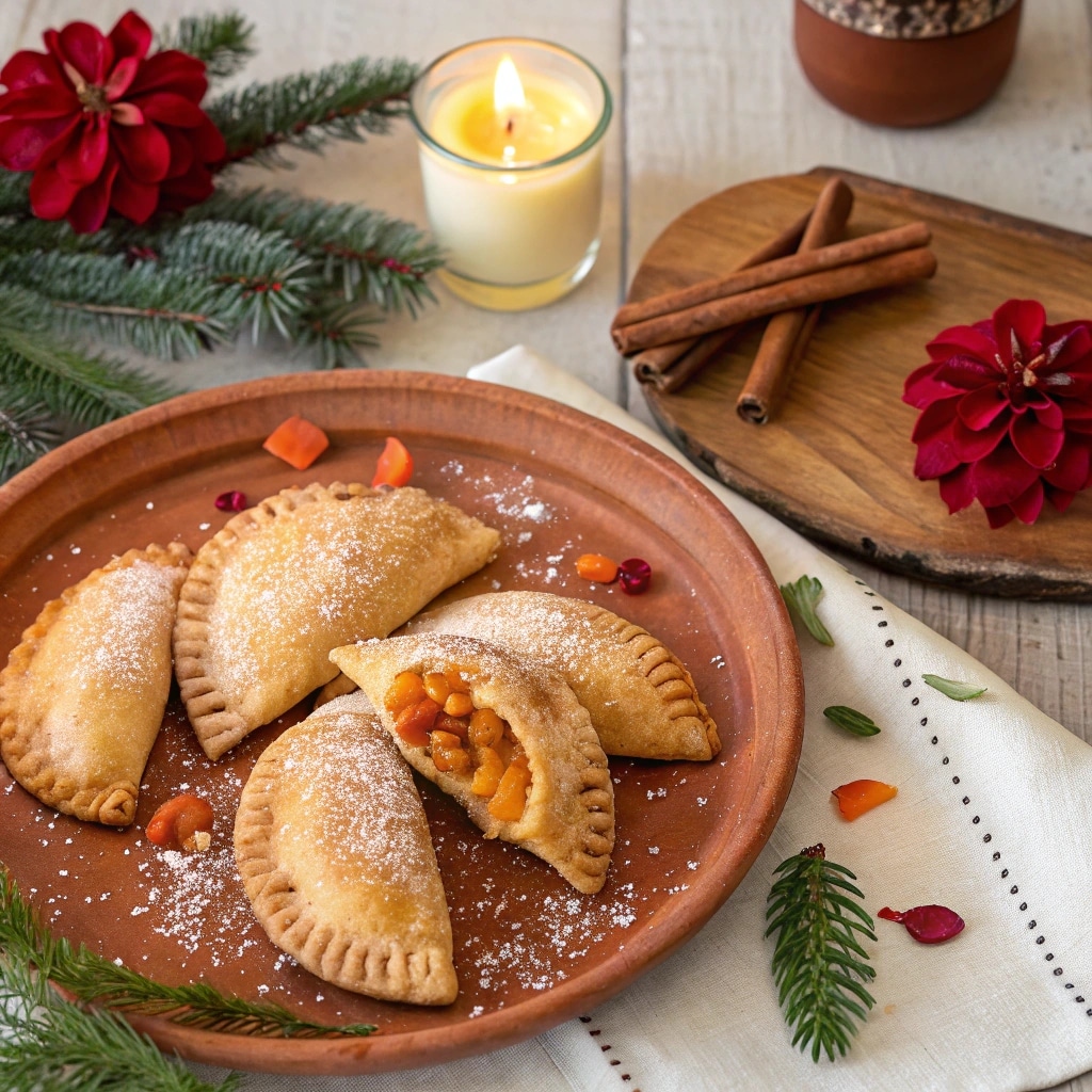 Mexican sweet empanadas styled for holiday celebration with cinnamon, marigolds or pine, and rustic festive décor.