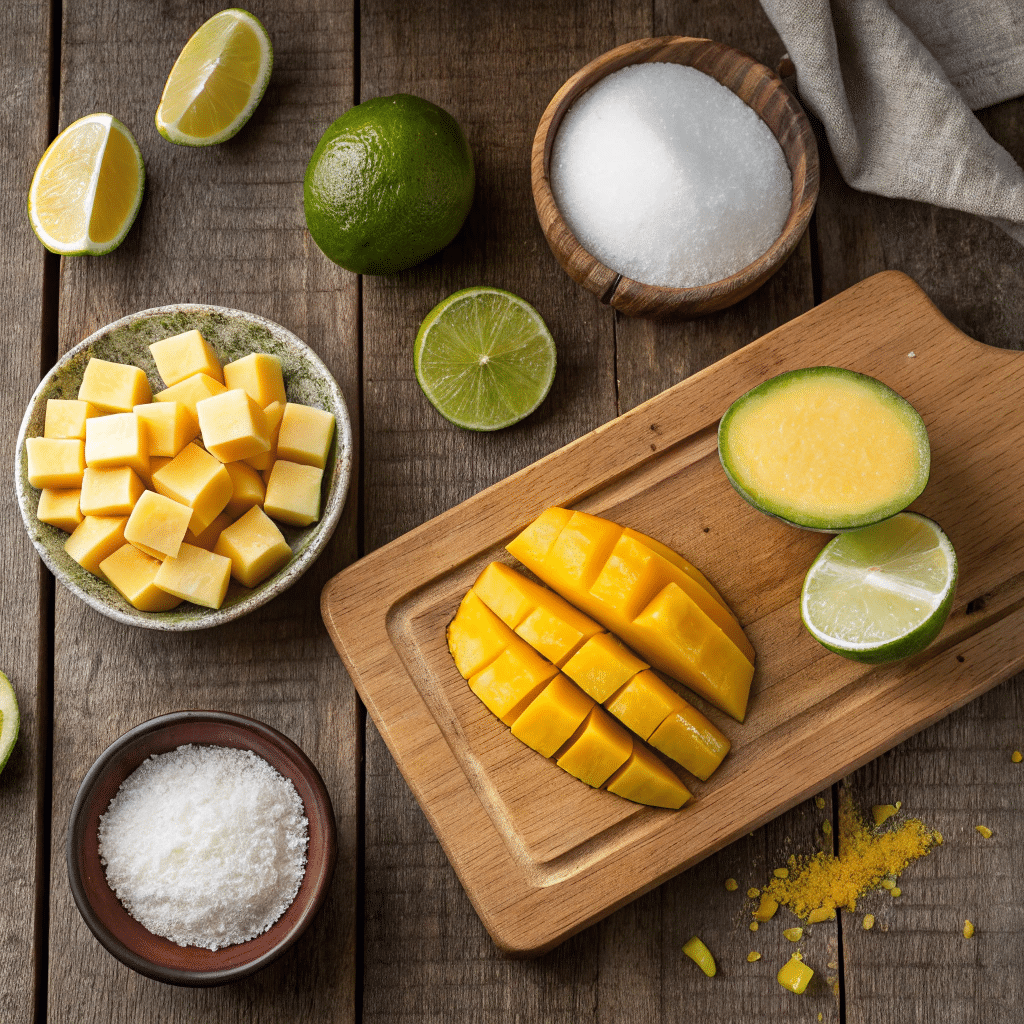 Mangonada Sorbet Bars: A Sweet, Spicy Mexican Summer Treat 6 Ingredients for Mangonada Sorbet Bars including mango, lime, chamoy, and Tajín