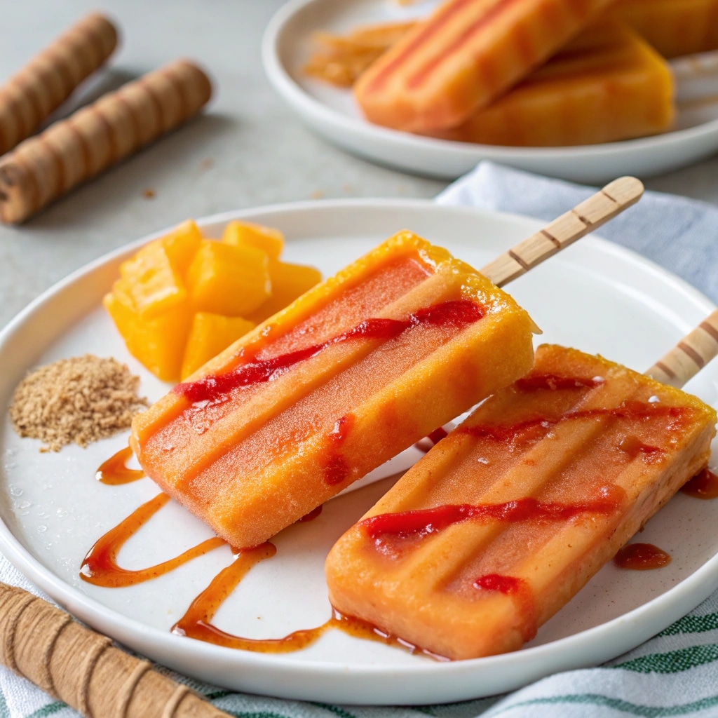 Mangonada Sorbet Bars: A Sweet, Spicy Mexican Summer Treat 7 Frozen Mangonada Sorbet Bars sliced and served with extra chamoy and tamarind straws