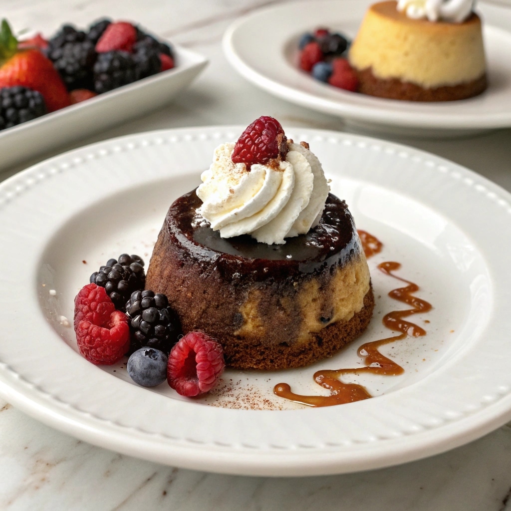 Mini Chocoflan Recipe: Make the Impossible Cake in Ramekins 7 Served mini chocoflan topped with whipped cream and berries