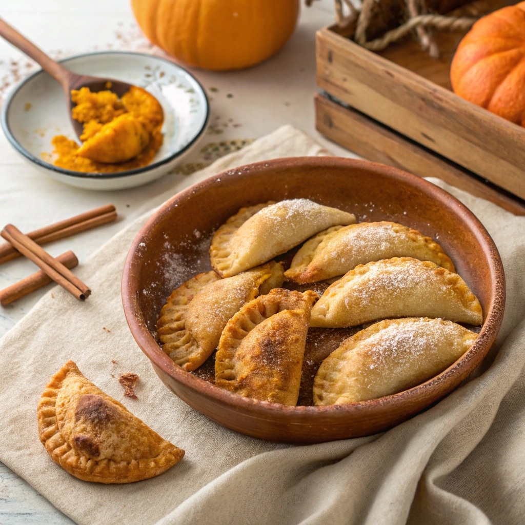 More Than a Dessert: The Generations Behind These Mexican Empanadas 2 Overhead view of hand-folded Mexican empanadas with sweet filling, arranged in a ceramic dish and dusted with cinnamon sugar.