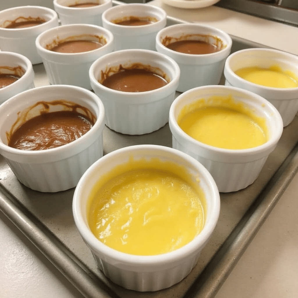 Mini Chocoflan Recipe: Make the Impossible Cake in Ramekins 6 Ramekins filled and ready to bake in water bath