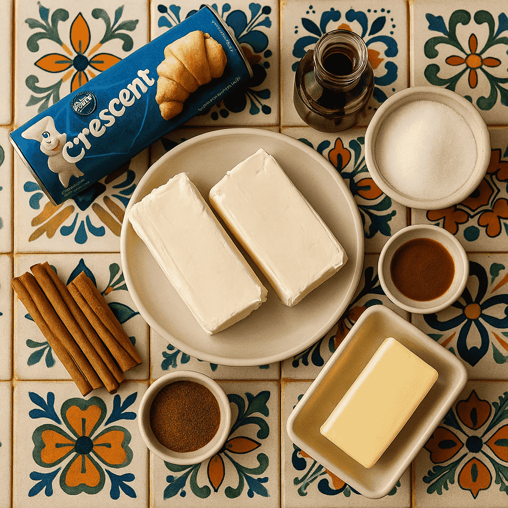 Ingredients for Mexican sopapilla cheesecake on Mexican-style tile