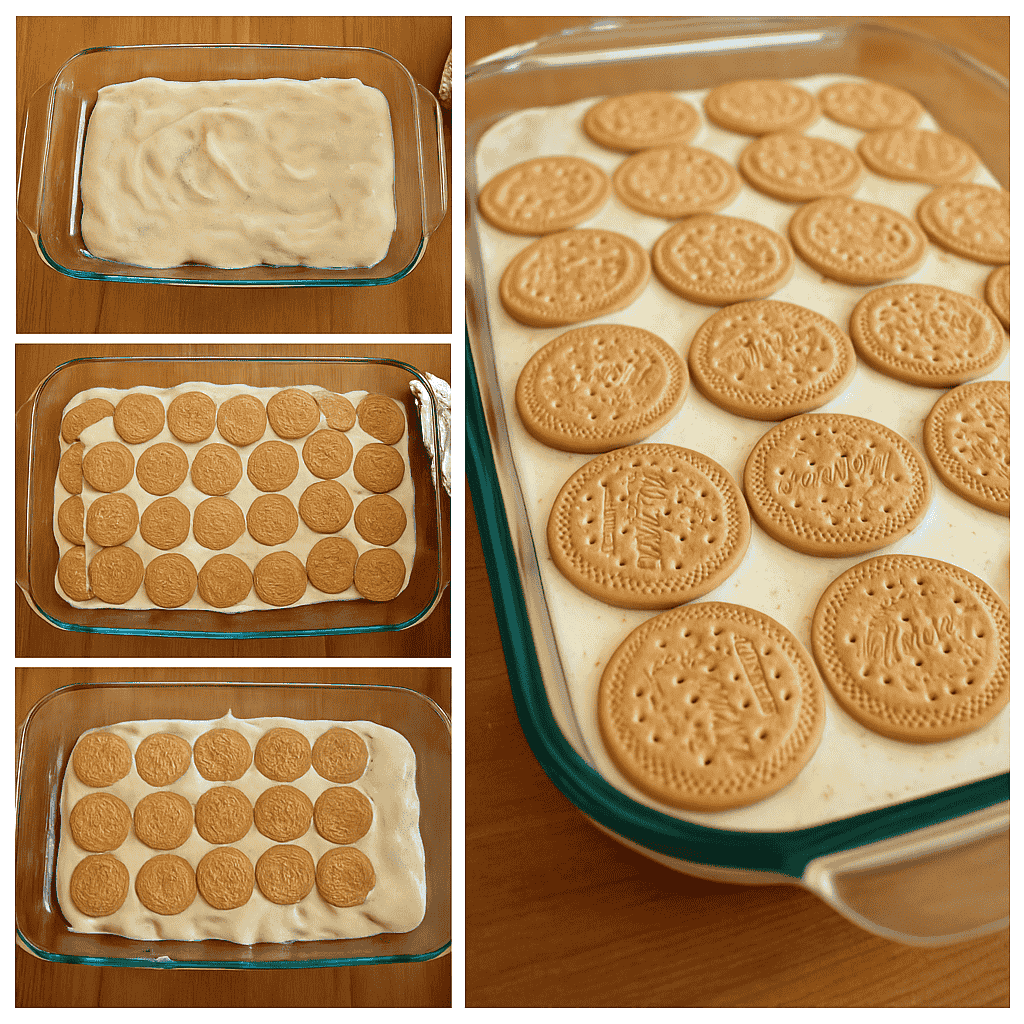 Step-by-step layering of Carlota de Limón in a glass dish with Maria cookies and creamy lime filling.