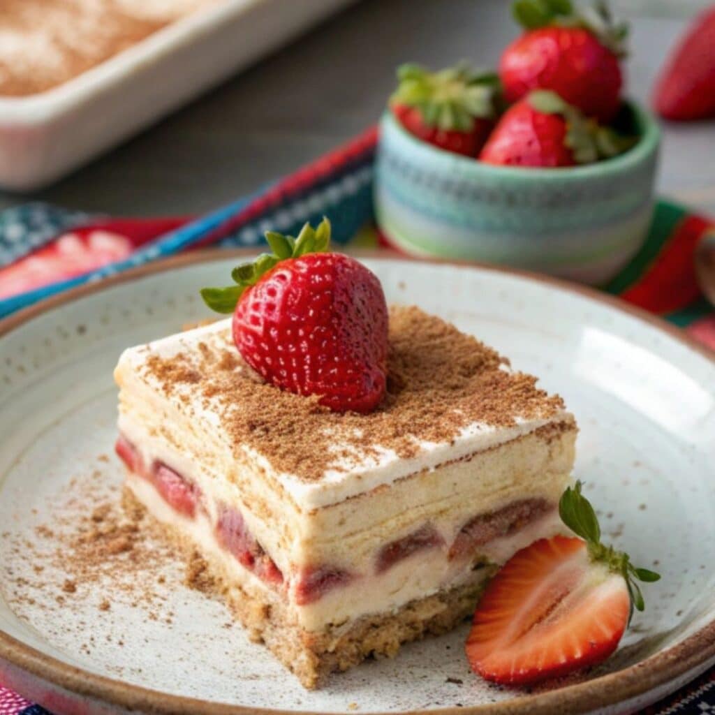 Slice of strawberry horchata tiramisu