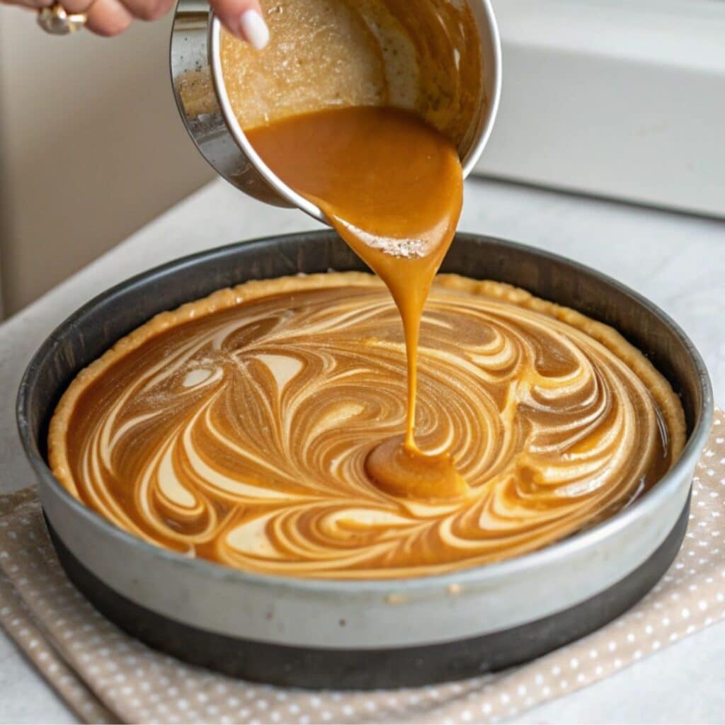 Pouring caramel into flan mold