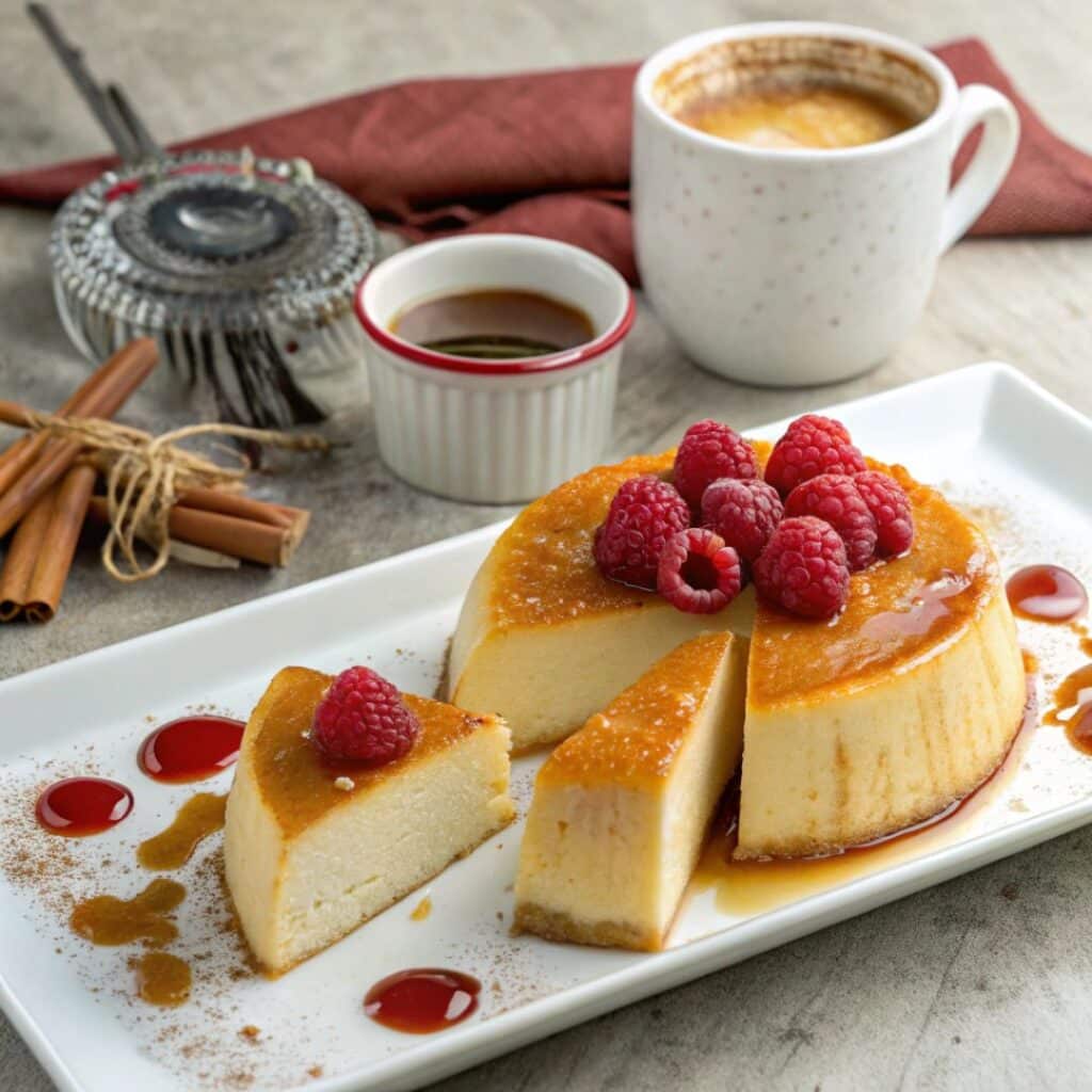 Served flan de queso with fruit topping