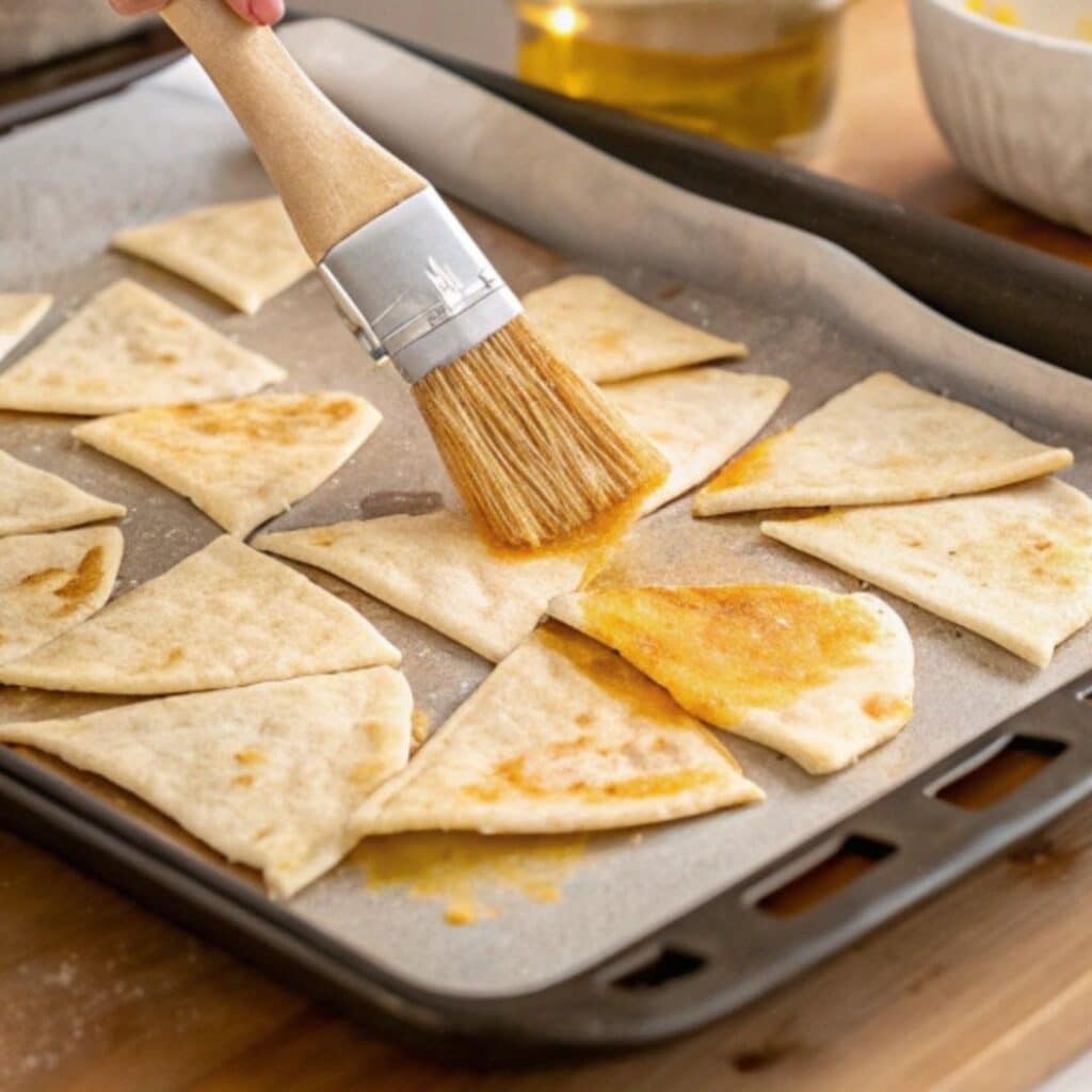Brushing tortillas with oil for churro chips