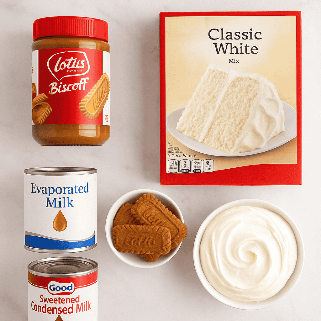 biscoff tres leches cake ingredients on marble counter