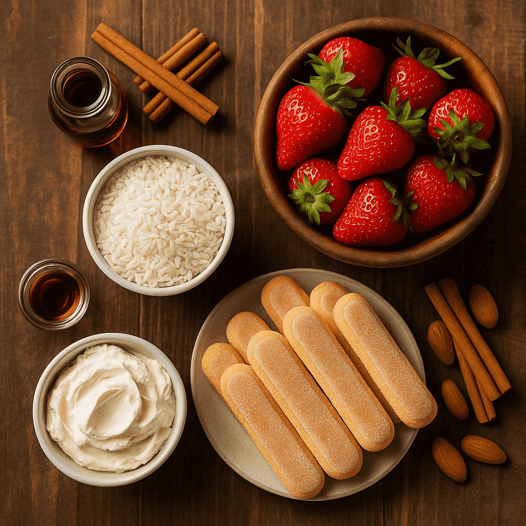 Strawberry horchata tiramisu ingredients laid out on wooden surface