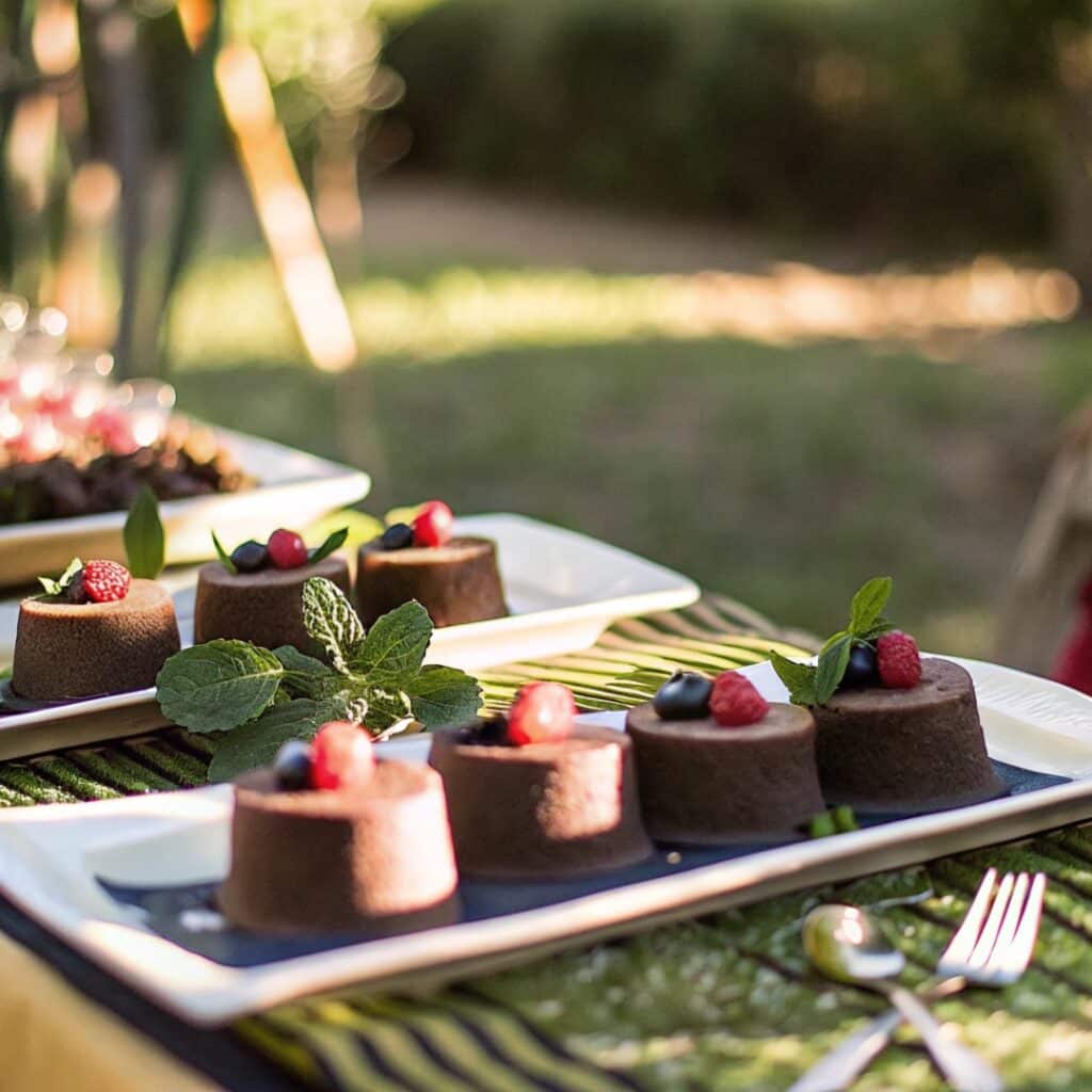 Easy Mini Chocoflan Recipe That Works Every Time 5 Mini chocoflan plated with berries on a dessert table
