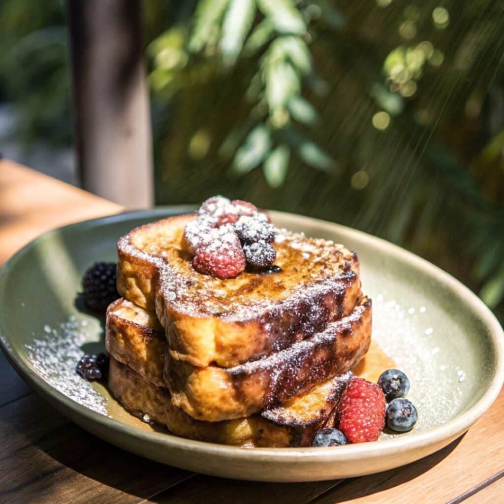 concha French toast with powdered sugar and berries
