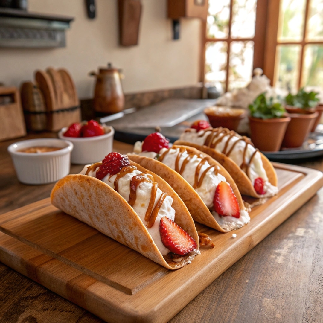 Mexican taco dessert with whipped cream and fruit