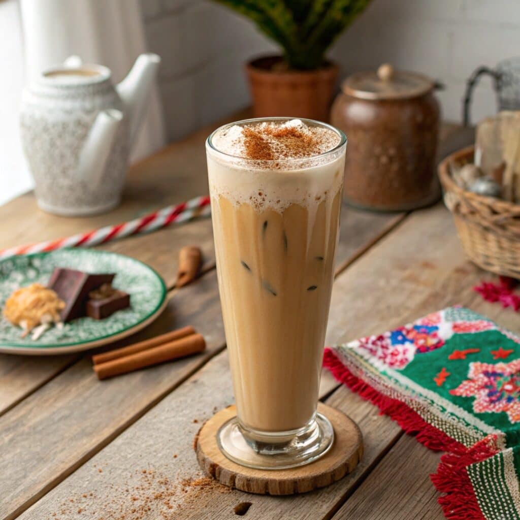 Iced hojicha horchata in a tall glass