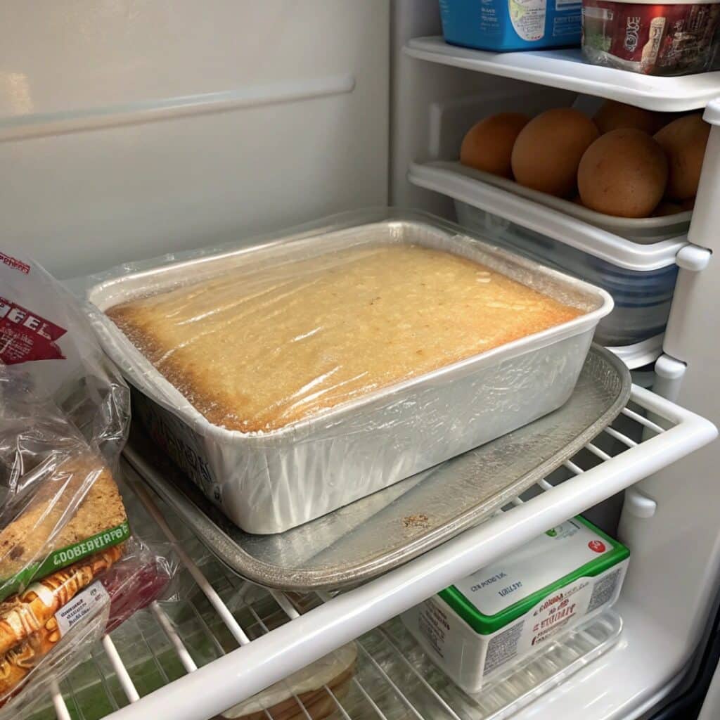 chilled cake wrapped in plastic in refrigerator