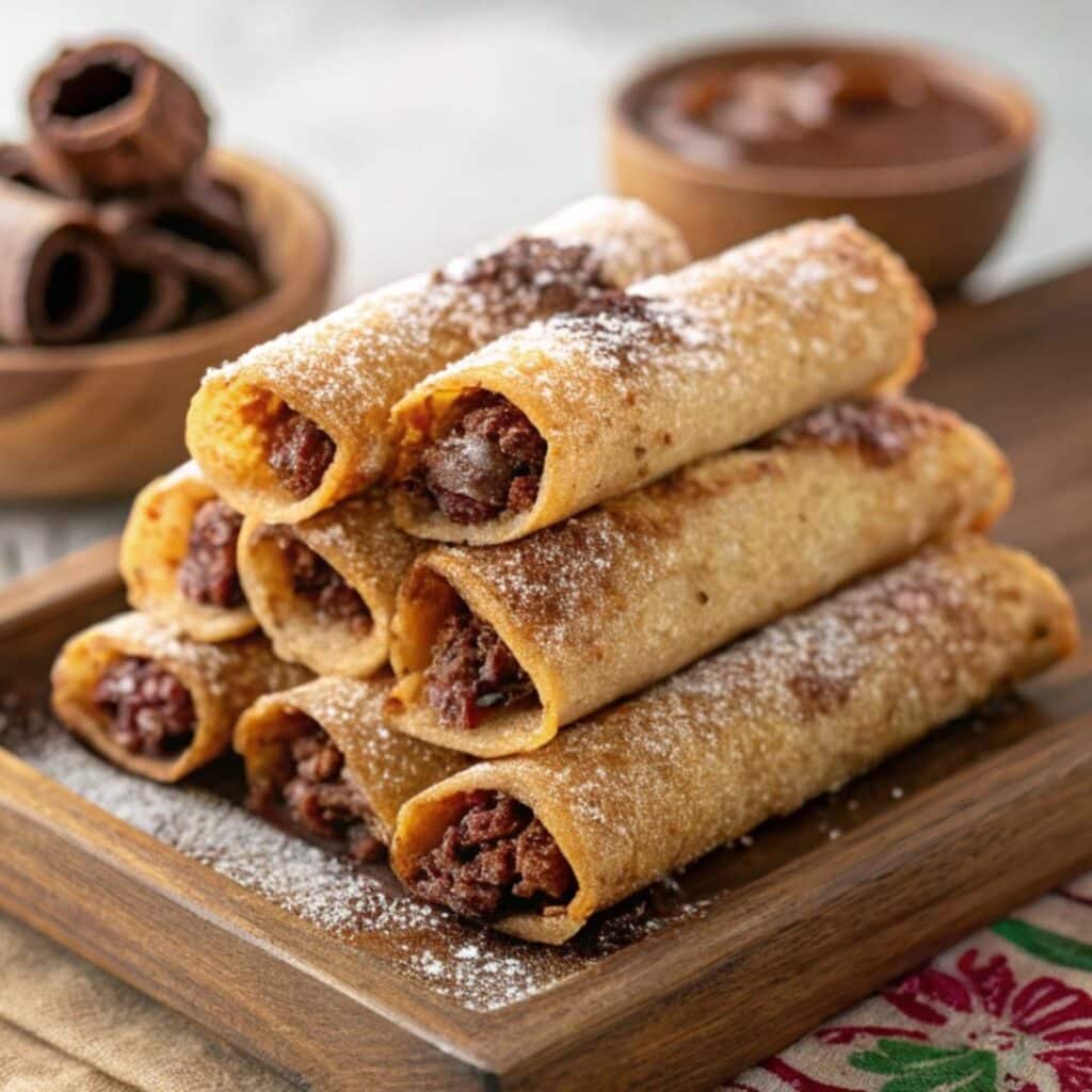 Mexican-style hot chocolate rolled tacos on tray