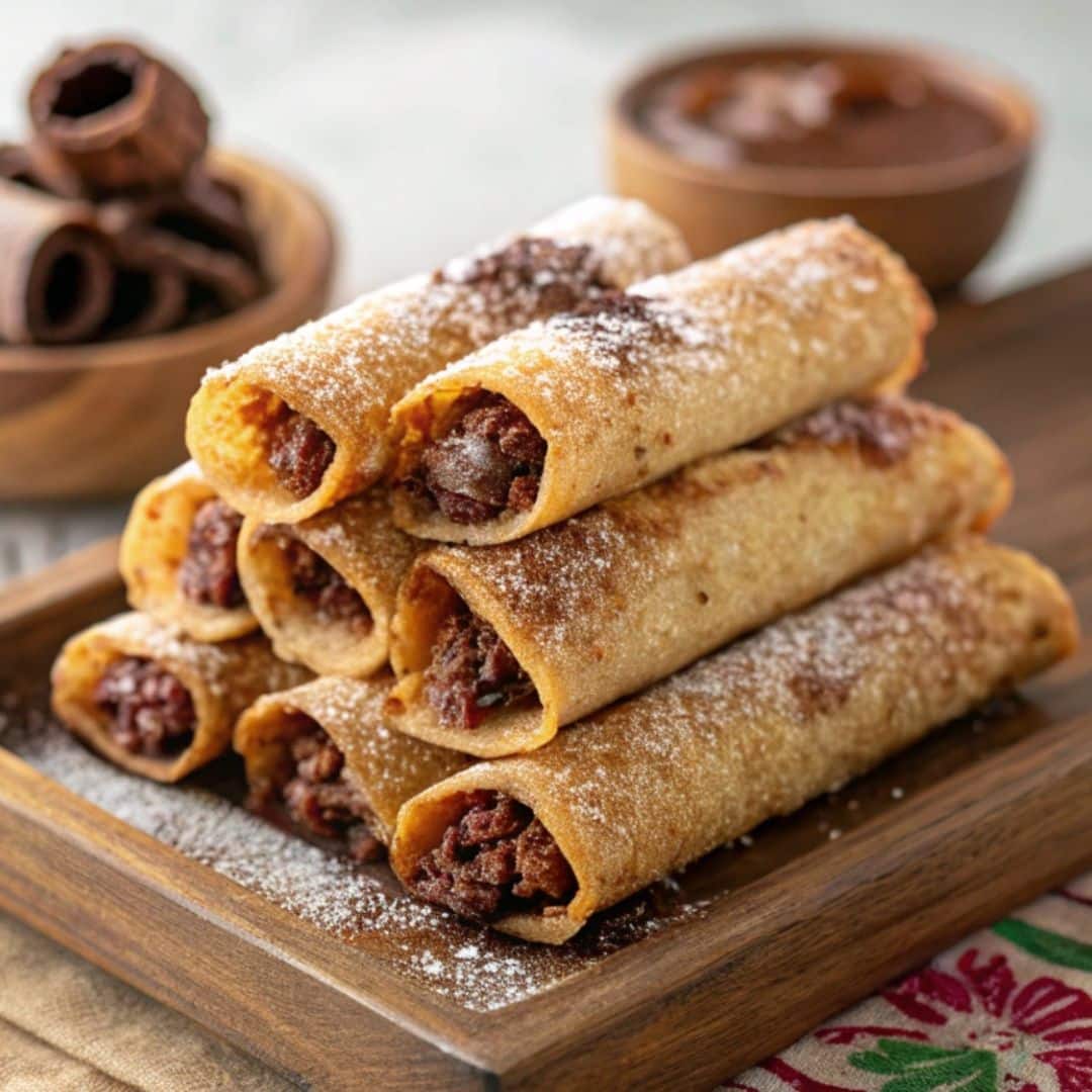 Mexican-style hot chocolate rolled tacos on tray