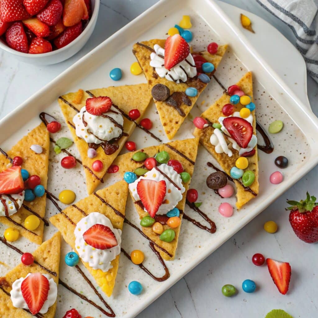 nacho cookie dessert with toppings