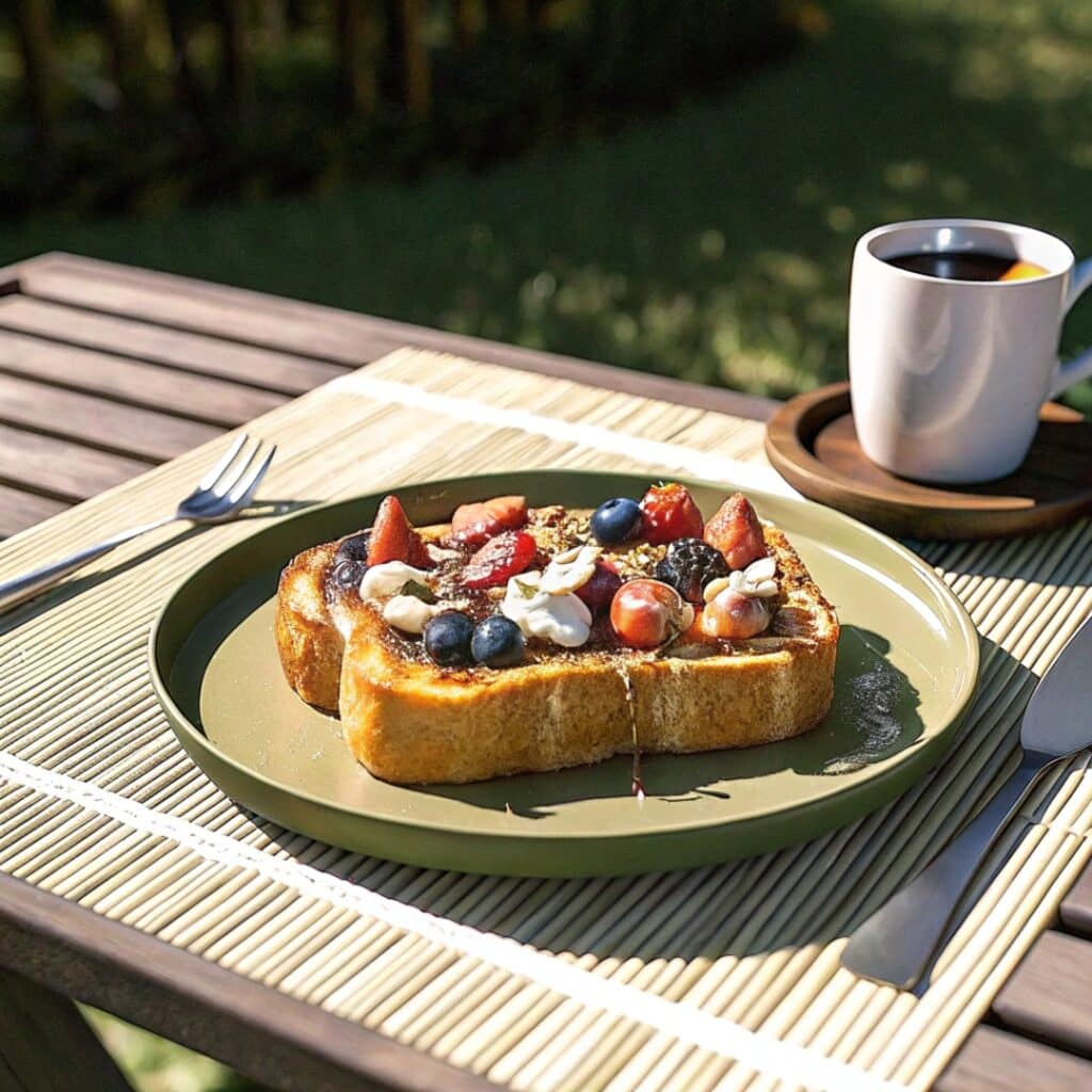 Concha French Toast Recipe: A Sweet Mexican Twist on Breakfast 6 plated concha French toast with toppings