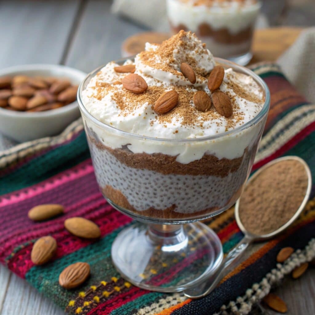 Keto Horchata Chia Pudding in a glass jar topped with cinnamon and almonds