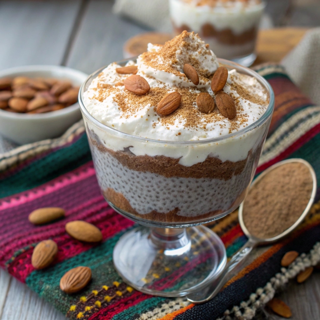 Keto Horchata Chia Pudding in a glass jar topped with cinnamon and almonds