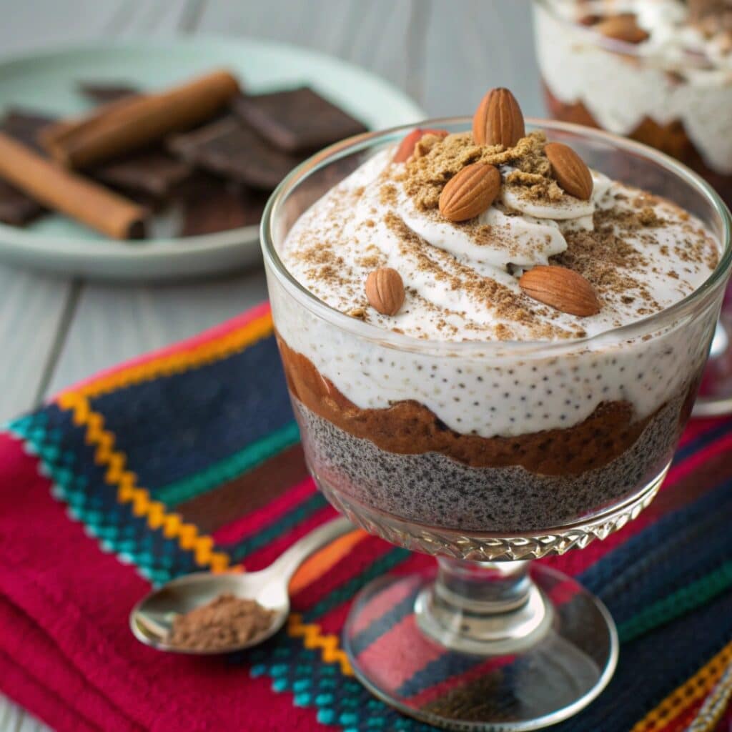 Keto horchata chia pudding served with whipped cream and almonds