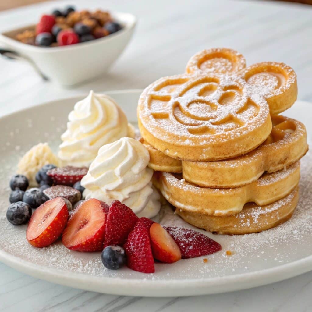 Mickey waffles with toppings and fruit
