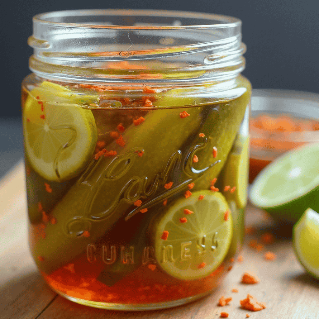 Pickles soaking in chamoy sauce