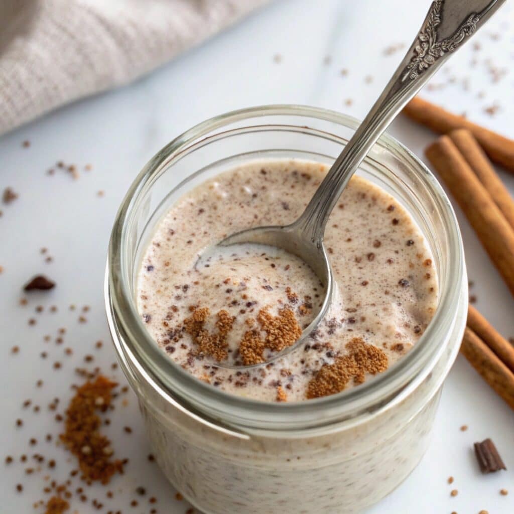 Mixing keto horchata chia pudding ingredients in a jar