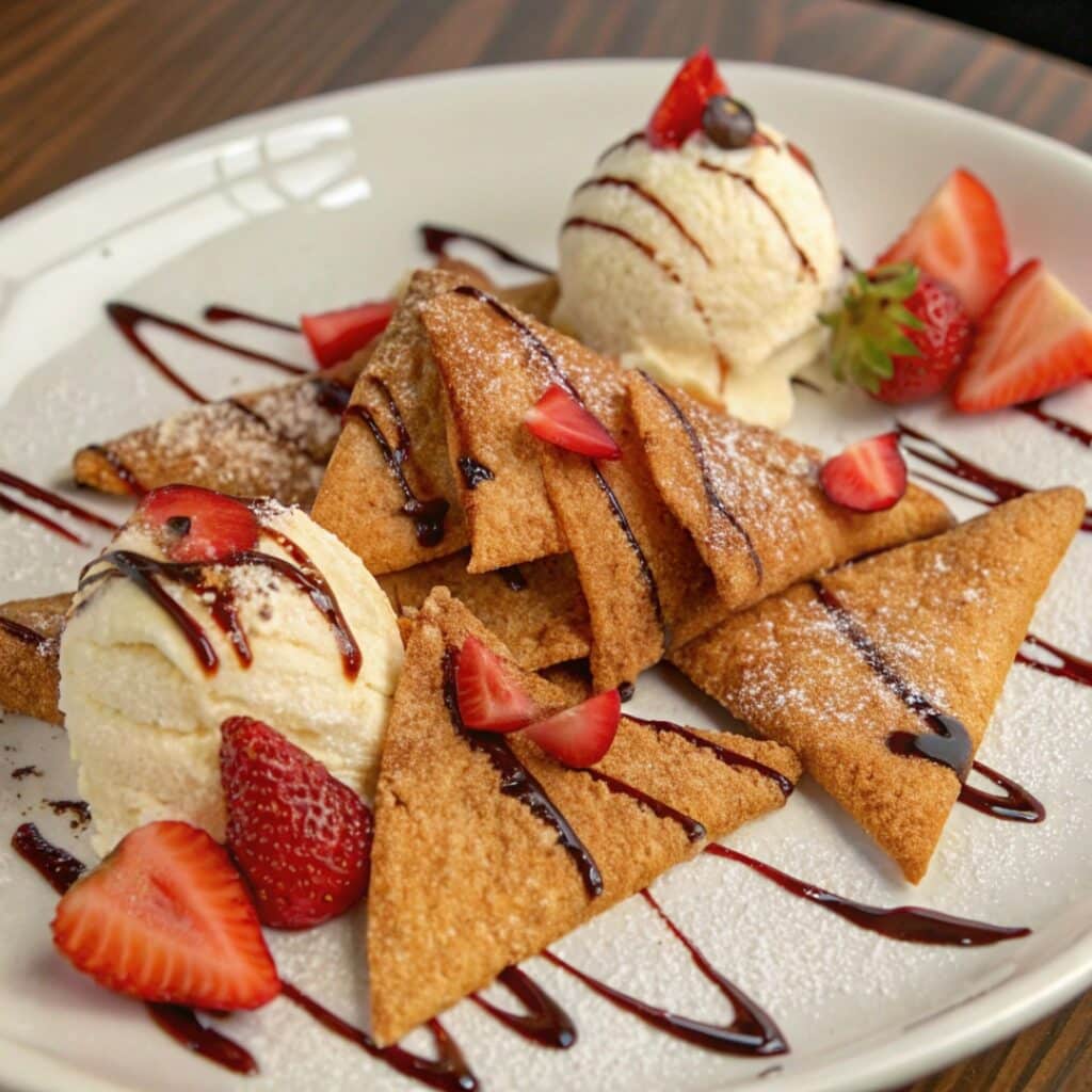 Dessert nacho style churro chips with toppings