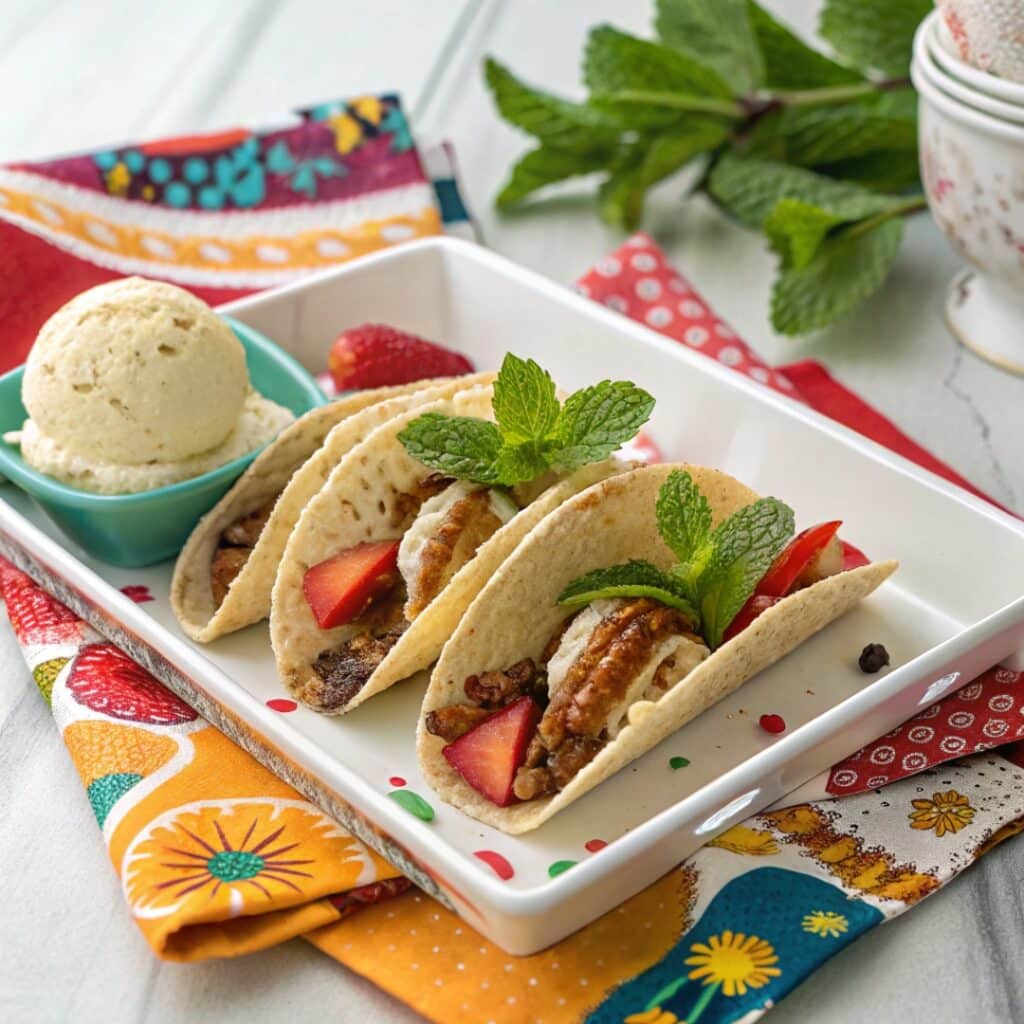 Mexican Taco Dessert Recipe: Sweet, Crispy & Easy Fun 7 Served Mexican dessert tacos with fruit