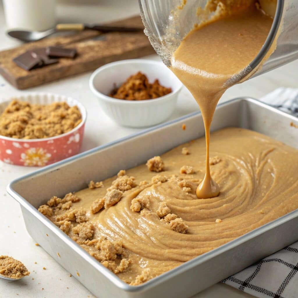 pouring biscoff cake batter into baking dish