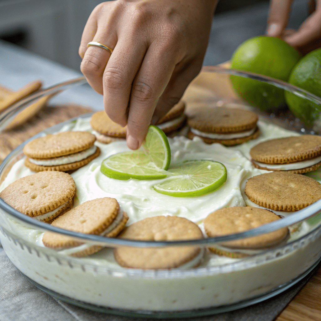 Vegan Carlota de Limón: Creamy, No-Bake Mexican Dessert 7 rounded glass baking dish being layered with vegan