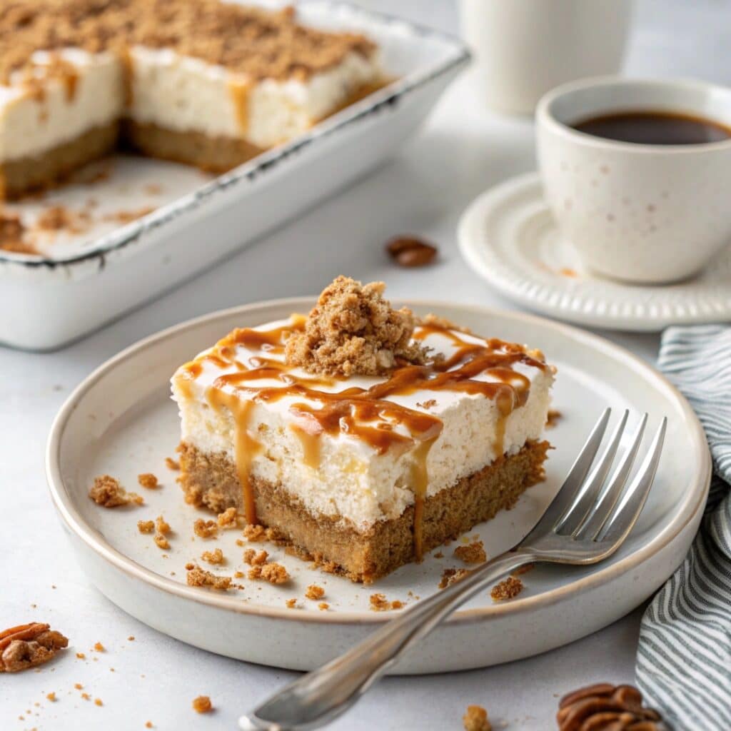 slice of biscoff tres leches cake with drizzle and crumbs