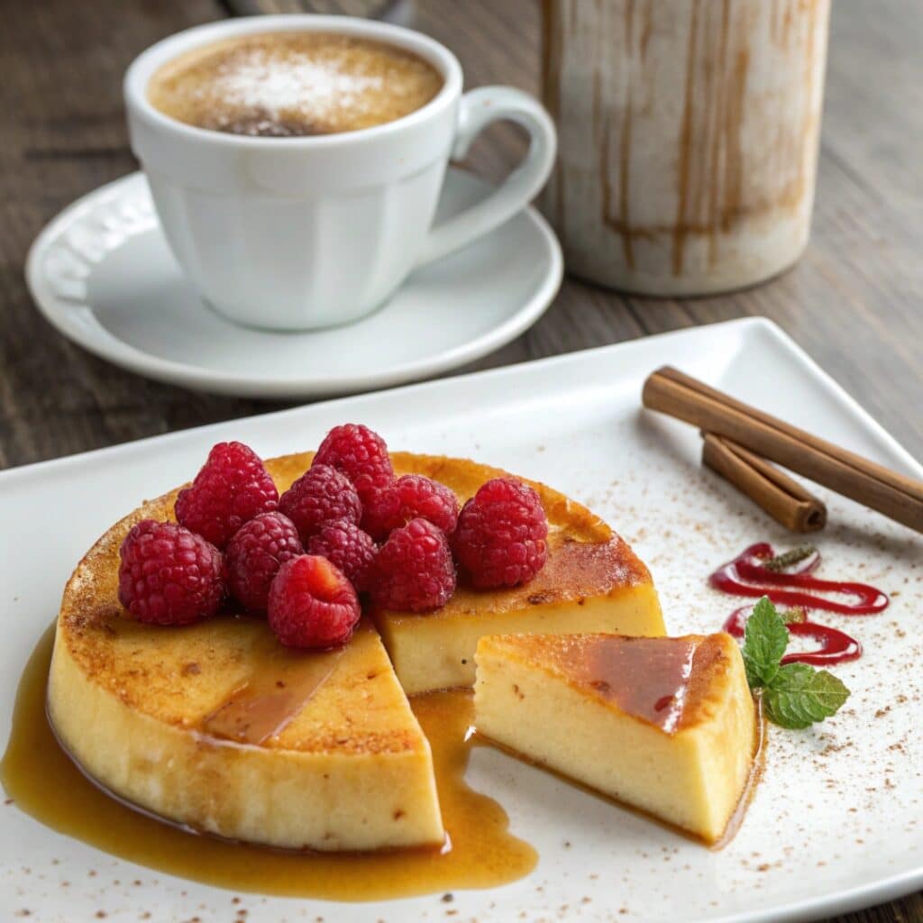 Flan de queso for foodies mexico with caramel and fruit topping