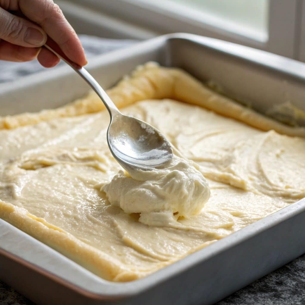 spreading cream cheese mixture onto a crescent dou