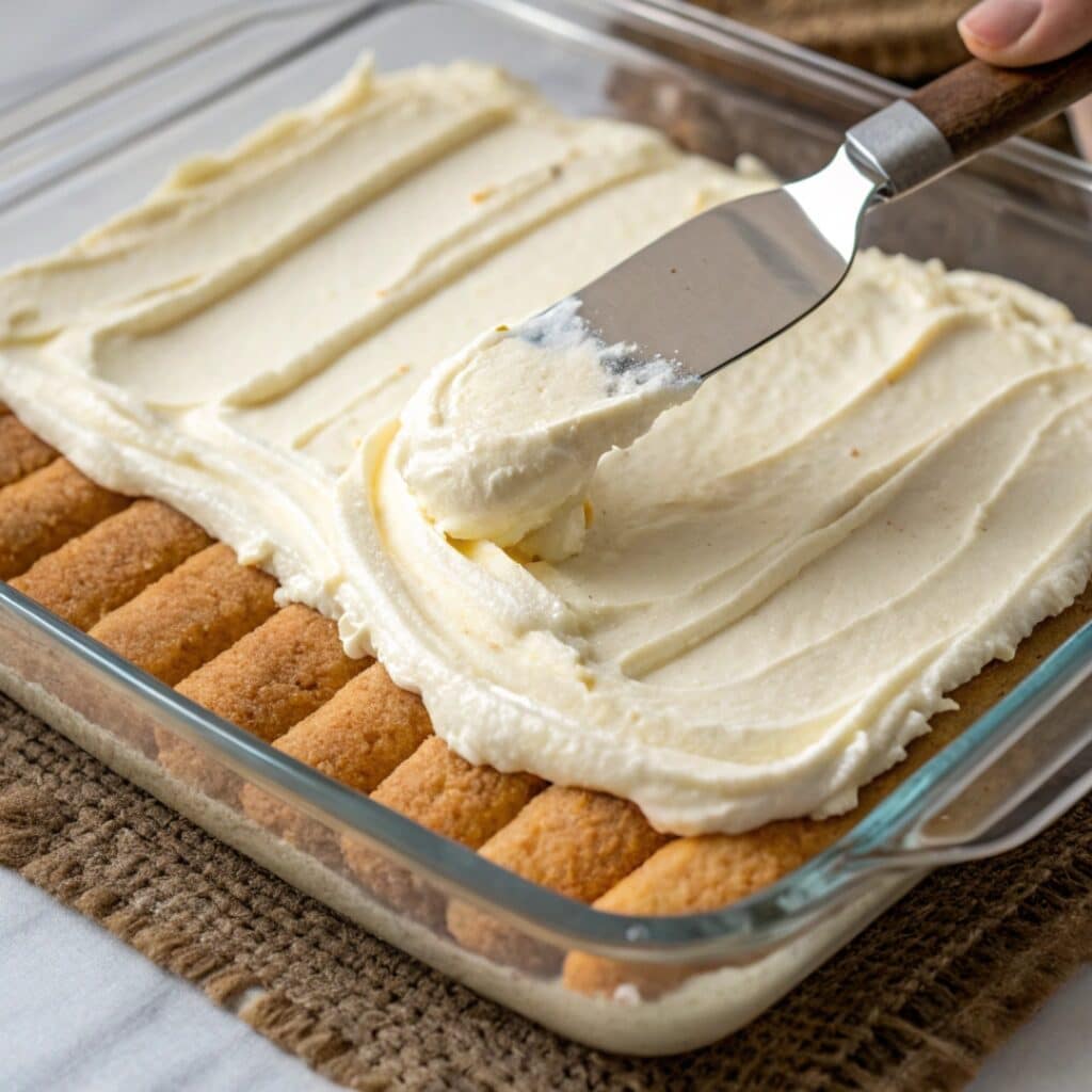 Spreading mascarpone cream mixture over soaked ladyfingers