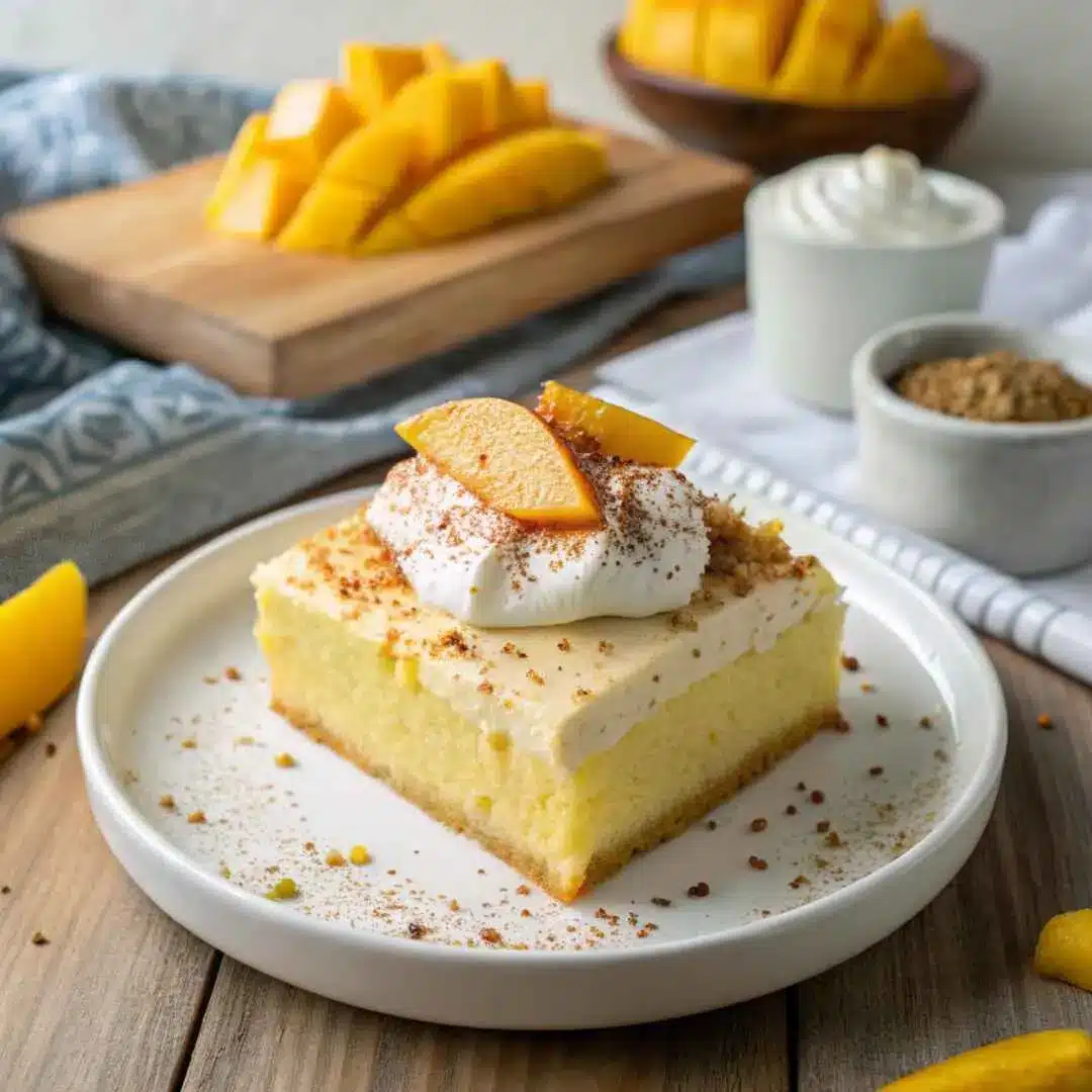 Spicy Mango Tres Leches Cake – Bold, Creamy & Unforgettable 6 Spicy Mango Tres Leches cake slice with whipped topping