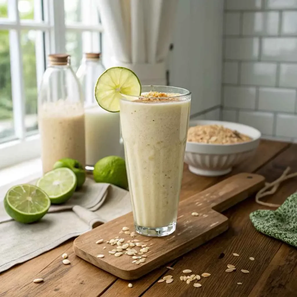 Oatzempic drink made with oats, lime, and water on a wooden kitchen counter