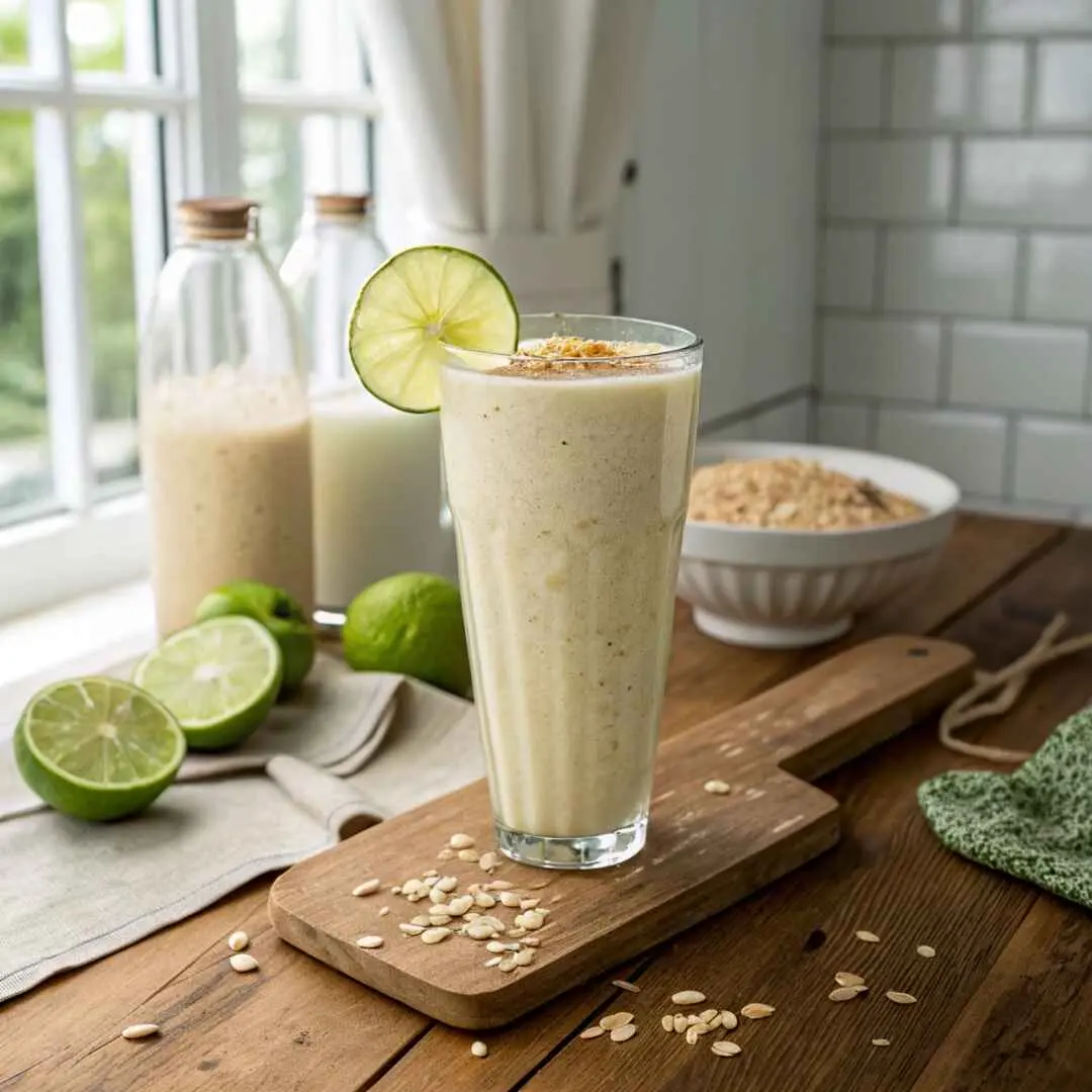 Oatzempic drink made with oats, lime, and water on a wooden kitchen counter