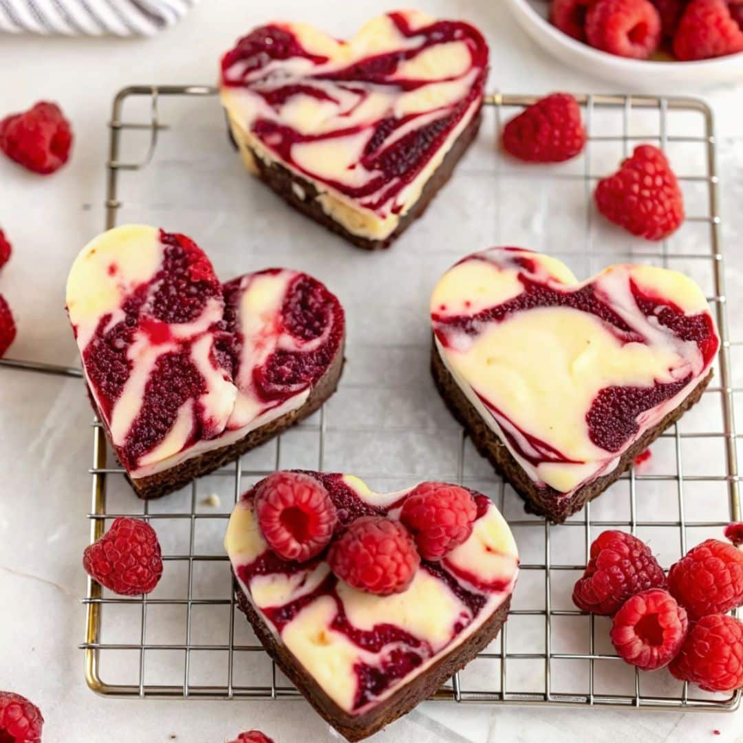 Heart shaped brownies with raspberry swirl and cheesecake
