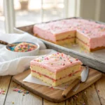 Mexican Cortadillo cake with pink frosting and sprinkles