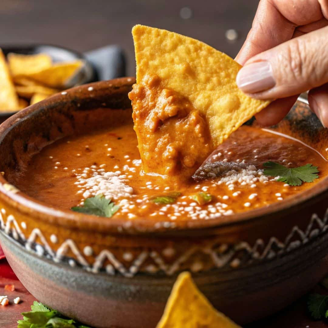 Frijoles Puercos in rustic bowl with tortillas