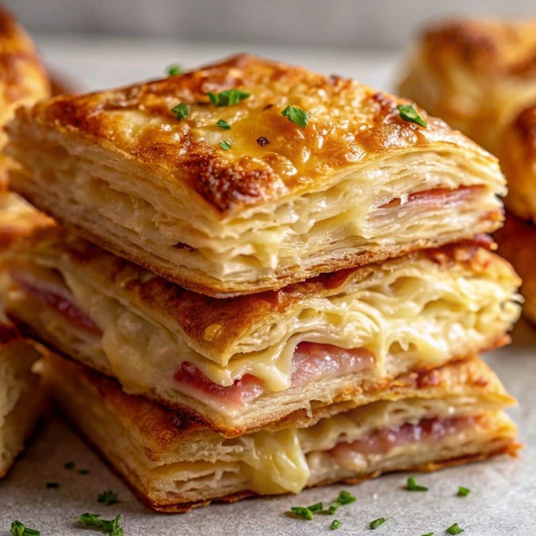 Crispy Chicken Ham & Cheese Puff Pastry Stacks