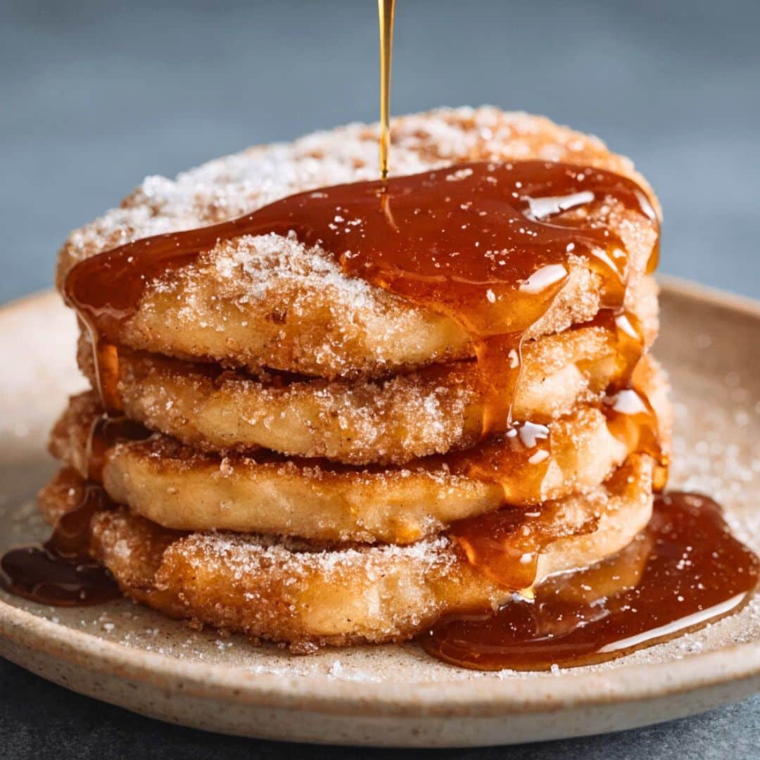 Spanish Churro Pancakes stacked with cinnamon sugar