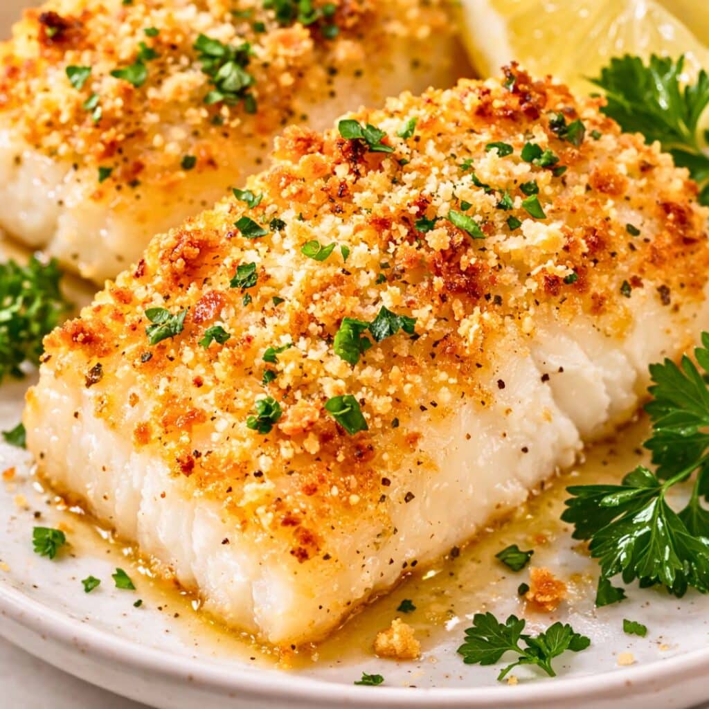Parmesan crusted cod with crispy panko topping