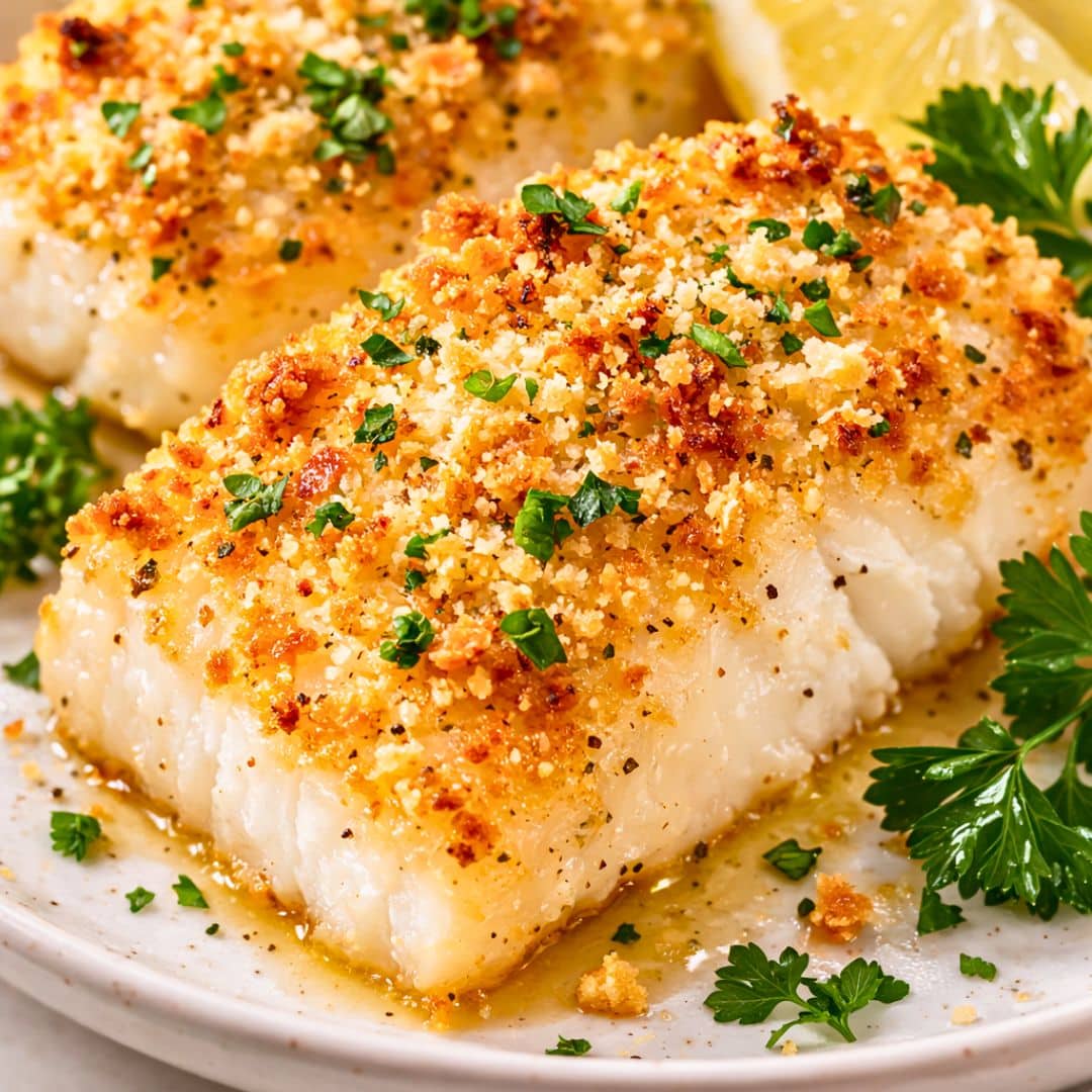 Parmesan crusted cod with crispy panko topping